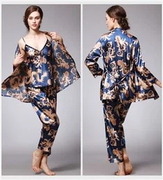 Wanita Silk Dragon Dicetak Pakaian Tidur Seksi Wanita Baju Tidur Piyama Set